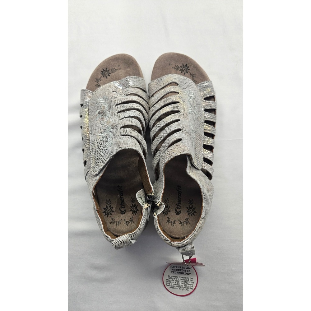 Therafit Womens Silver Metallic Orthopedic Gladiator Sandals Floral Embroidered